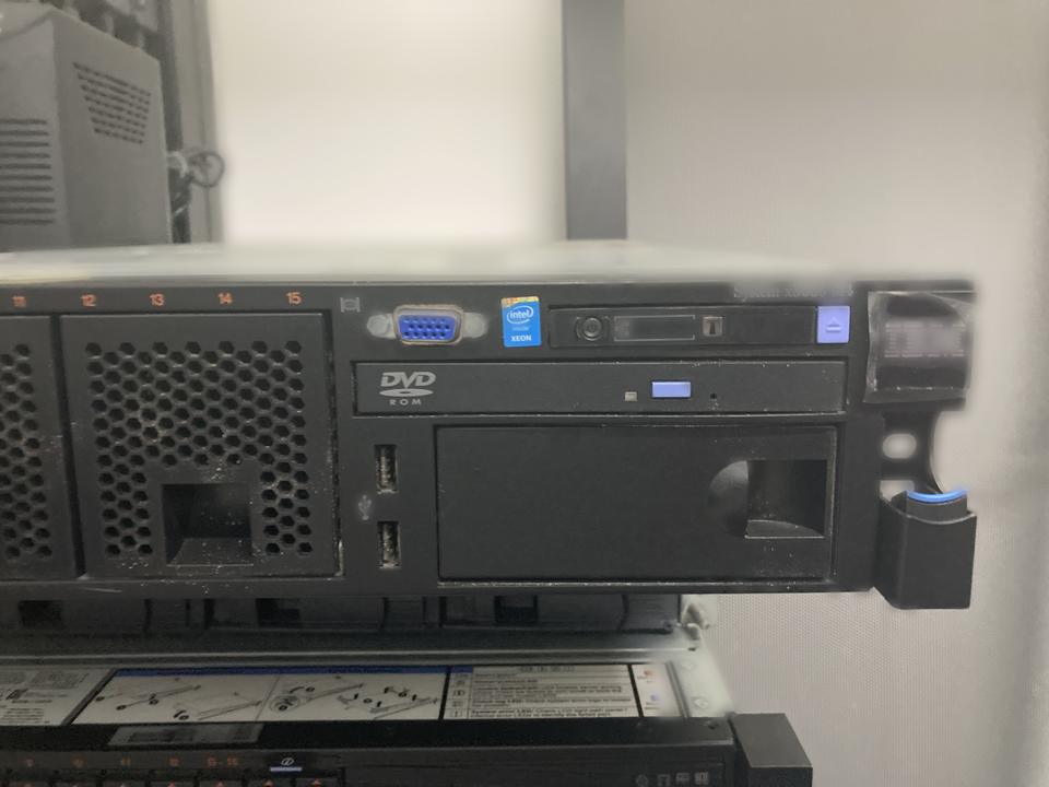 Front panel of a rack server installed on top of another server