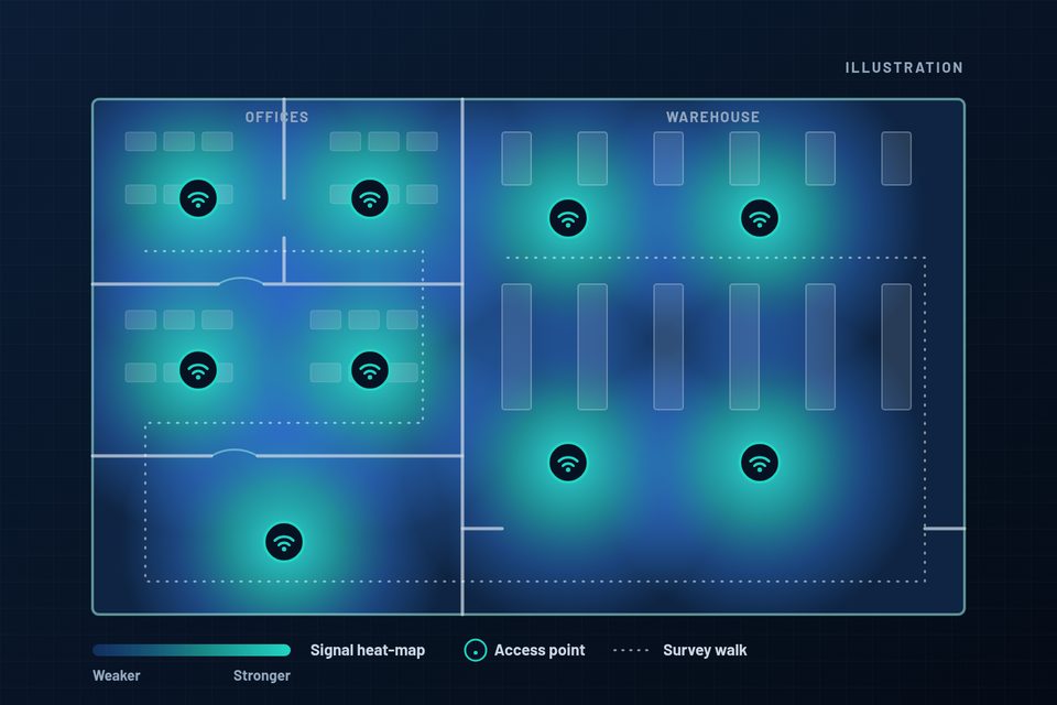 Illustration of a Wi-Fi heat-map with access-point markers on an office and warehouse floor plan