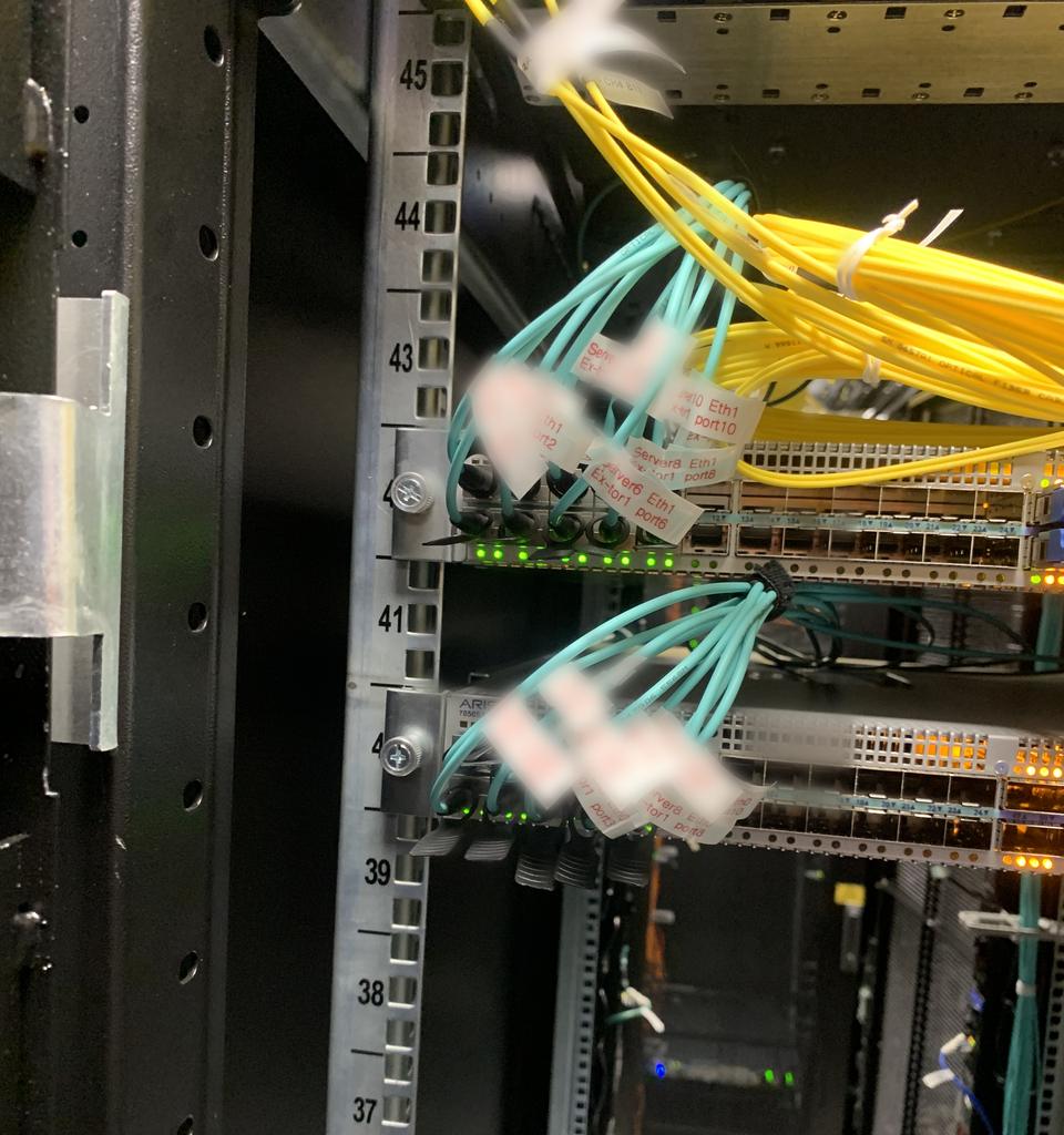 Aqua fibre patch leads with labels plugged into a switch; labels blurred for privacy
